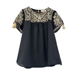 Savanna Jane NWT Boho Embroidered Yoke Tunic Top Black Cream Tassel Sleeves L